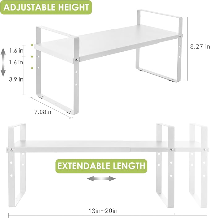Expandable Cabinet Shelf Organizer Rack, Stackable Kitchen Counter Storage Shelves Stand, Adjustable Height Pantry Shelf Spice Rack (White, 1 Pack)-Ruum Studio Home