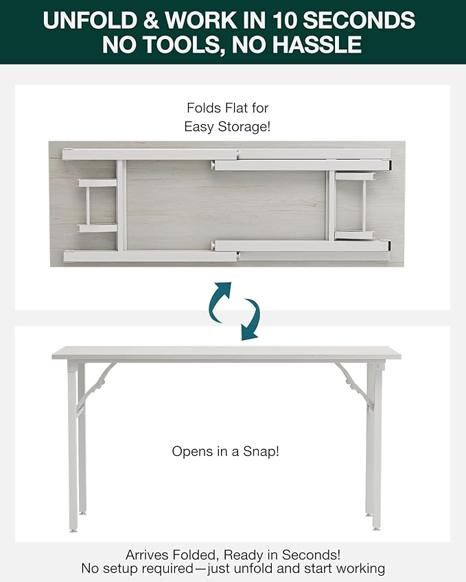 Frylr Small Folding Computer Desk β Portable 55.1 Inch Foldable Laptop Table, Collapsible and Compact for Easy and Fast Setup, Lightweight for Small Spaces, Home Craft and Study Use, White Ash