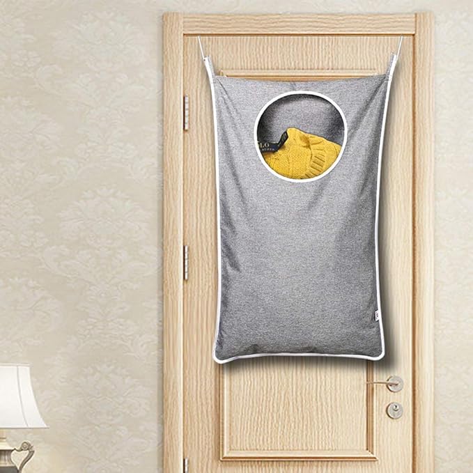 KEEPJOY Hanging Laundry Hamper Bag with Free Adjustable Stainless Steel Door 2 PCs Suction Cup Hooks, Best Choice for Holding Dirty Clothes and Saving Space, Grey-Ruum Studio Home