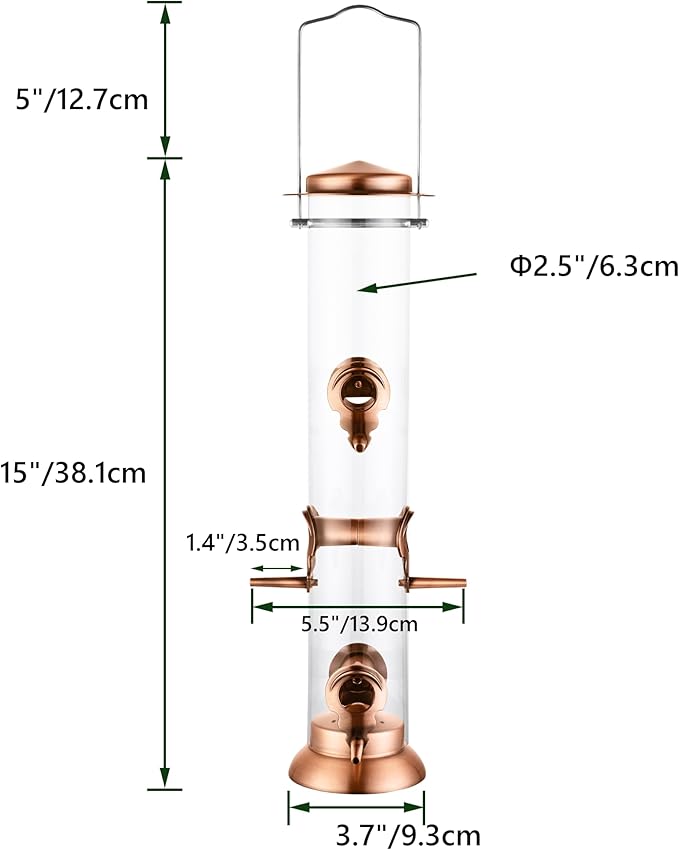 Metal Tube Bird Feeders for Outdoors Hanging,Finch Feeders for Outside,All Metal Brushed Copper Finishing,14 Inch 6 Port (Seed is not Included)-Ruum Studio Home