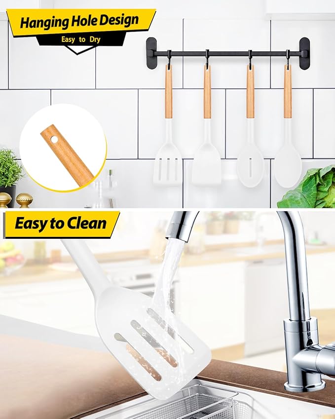 Pack of 4 Silicone Cooking Utensils Set, Non Stick Solid Spatulas and Heat Resistant Slotted Spoons with Wooden Handle, Ideal Wood Kitchen Utensils Set for Frying,Serving,Turning,Stirring (WHITE)-Ruum Studio Home