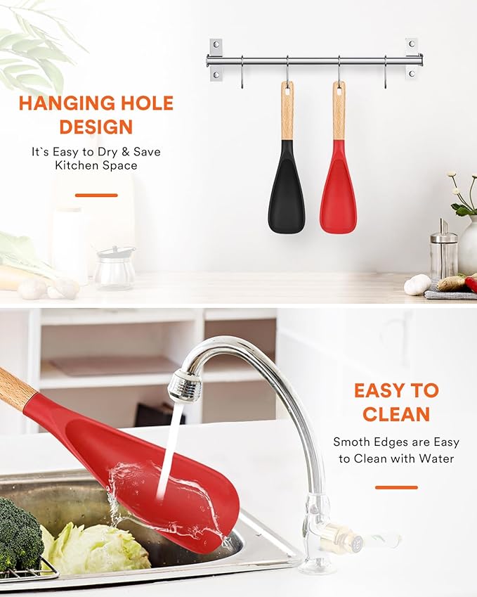 Cooking Spoon for Nonstick Cookwares, Great for Cooking and Serving Sturdy BPA-Free Matte Silicone, Wood Handle Spoon for Mixing, Scoop, and Scrape (Black & Red, 11.4 inch)-Ruum Studio Home