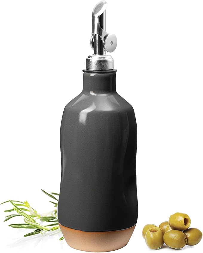 Olive Oil Dispenser Bottle Stoneware Ceramic, Cruet Protects to Reduce Oxidation, Suitable For Storage Of Oil, Vinegar, Coffee Syrups & Other Liquids - Stainless Steel Spout 14Oz-Ruum Studio Home