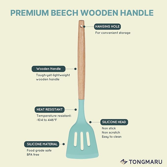 Silicone Cooking Utensils Set, Premium Beech Wood Handle Kitchen Gadgets Utensil Set, Non-Stick Kitchen Utensils Spatula, Tongs, Turner, Whisk, Brush, Spoon, BPA FREE, 446°F Resistant (Mint)-Ruum Studio Home