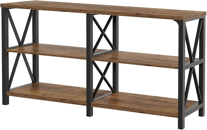 LVB Wood Console Table, Rustic 3 Tier Sofa Table Behind Couch, Industrial Metal Entryway Table with Storage Shelf, Farmhouse Wooden Foyer Hallway Table for Entry Living Room, Rustic Brown, 55 Inch-Ruum Studio Home