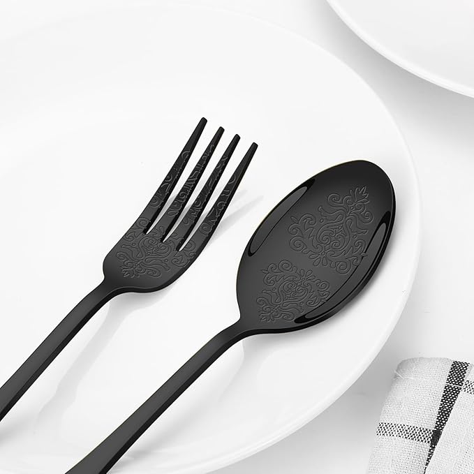 20 Pcs Black Silverware Set for 4 with Classical Flower Embossed Design, Food Grade Stainless Steel Flatware Set, Eating Utensils Sets Include Fork/Knife/Spoon, Cutlery Set, Dishwasher Safe-Ruum Studio Home