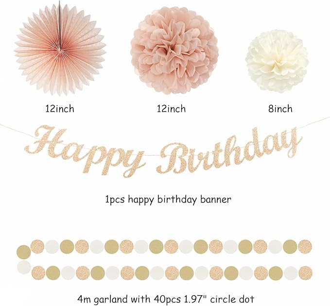 Champagne Rose-Gold Beige Birthday Party-Decorations - 14pcs Happy Banner Boho Lanterns Tissue Pom Poms,Rustic Streamers Garland Fans,Neutral One Sweet Peach Girls Women Hanging Supplies Decor Hugfond-Ruum Studio Home