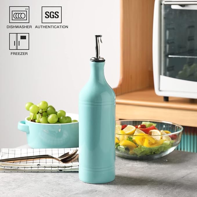 Sweejar Large Ceramic Olive Oil Dispenser Bottle, Opaque Oil Cruet Protects Oil to Reduce Oxidation, Suitable for Storage Oil, Vinegar, Soy Sauce & Other Liquids, Pack of 1, 24 Fl Oz (Turquoise)-Ruum Studio Home