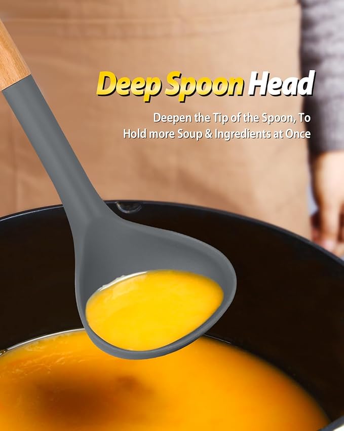 Silicone Pasta Fork and Ladle Spoon Set with Wooden Handle, Heat Resistant Non Stick Kitchen Utensils for Cooking, Stirring, Serving Spaghetti, Soup, Sauce(GRAY)-Ruum Studio Home