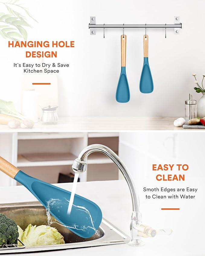 Multifunction Spatula Spoon for Nonstick Cookwares, Great for Cooking and Serving, Sturdy BPA-Free Matte Silicone, Wood Handle Spatula for Mixing, Scoop, and Scrape, Turquoise(2 pack,11.4" & 13.4")-Ruum Studio Home