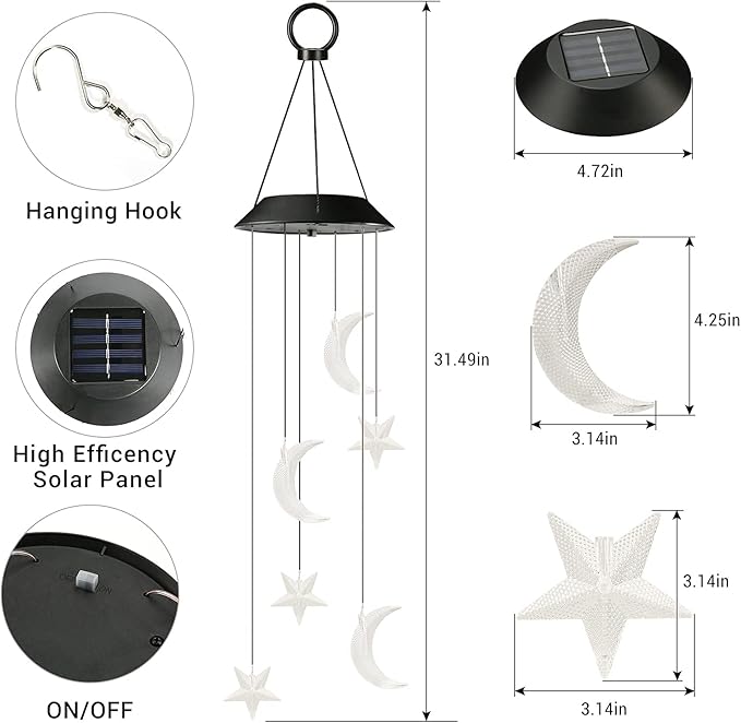 Toodour Solar Wind Chimes, Color Changing Wind Chimes Moon and Star, LED Decorative Mobile, Gift for Mom Grandma, Waterproof Outdoor Moon Star Light for Garden, Patio, Yard, Window Outdoor Decor-Ruum Studio Home