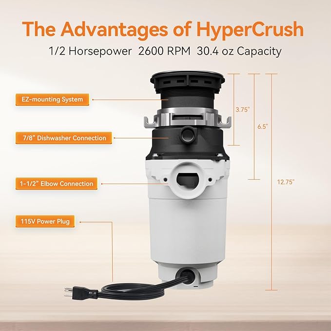 Garbage Disposal, TECASA 1/2 HP Pro Food Waste Coutinuous Feed, Garbage Disposals with Stopper Power Cord, Stainless Steel Grinding System for Kitchen Sink - HyperCrush 50 PRO-Ruum Studio Home