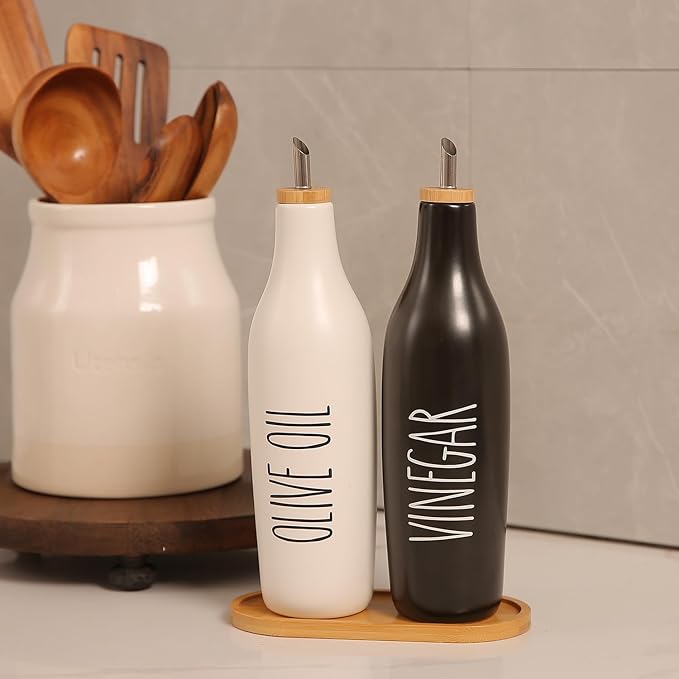 HOMCDALY Olive Oil and Vinegar Dispenser Set, 16oz Ceramic Oil Dispenser for Kitchen, Kitchen Dispenser Bottle for EVOO Vinegar Syrups, Modern Farmhouse Design| Set of 2 – P-Black&White-Ruum Studio Home