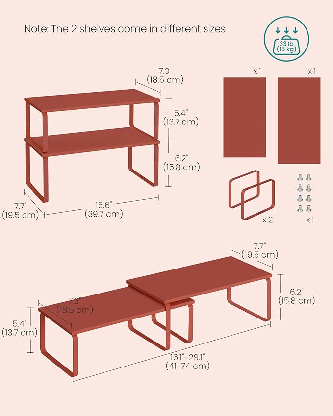 SONGMICS Cabinet Organizer Shelf, Set of 2 Kitchen Counter Shelves, Kitchen Storage, Spice Rack, Stackable, Expandable, Metal and Engineered Wood, Mandarin Red UKCS200Y02-Ruum Studio Home