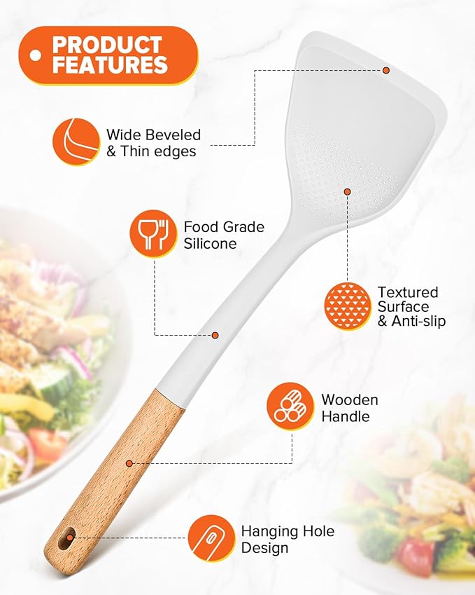 Silicone Cooking Utensils Set, Perfectly Angled for Frying, Mixing,Serving,Draining,Turning and Stirring, BPA-Free Matte Silicone, Wood Handles, Safe for Nonstick Cooking Surfaces,4 Pack (White)-Ruum Studio Home
