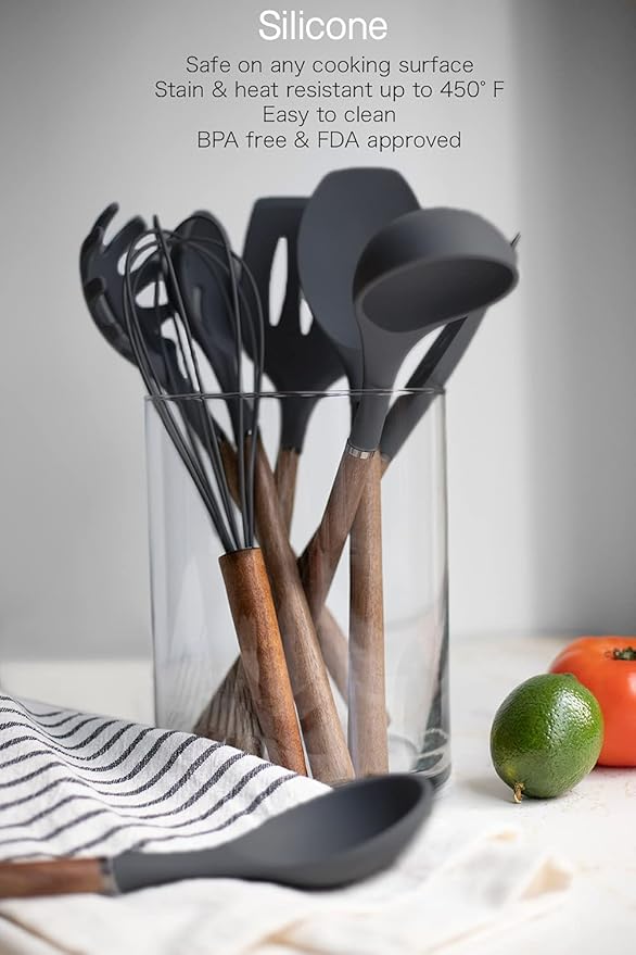 Country Kitchen Non Stick Silicone Utensil Set with Rounded Wood Handles for Cooking and Baking, 8 Piece Set, Black-Ruum Studio Home