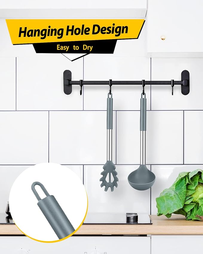 Silicone Pasta Fork and Ladle Spoon Set, Large Non Stick Kitchen Utensils for Cooking,Stirring,Serving Spaghetti, Soup, Sauce (GRAY)-Ruum Studio Home