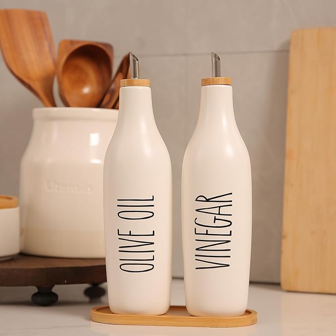 HOMCDALY Ceramic Olive Oil Dispenser for Kitchen, Stoneware 16oz Oil Cruet and Vinegar Bottles Dispenser, Kitchen Dispenser Bottle for EVOO Vinegar Syrups, Modern Farmhouse Design(W-O)-Ruum Studio Home