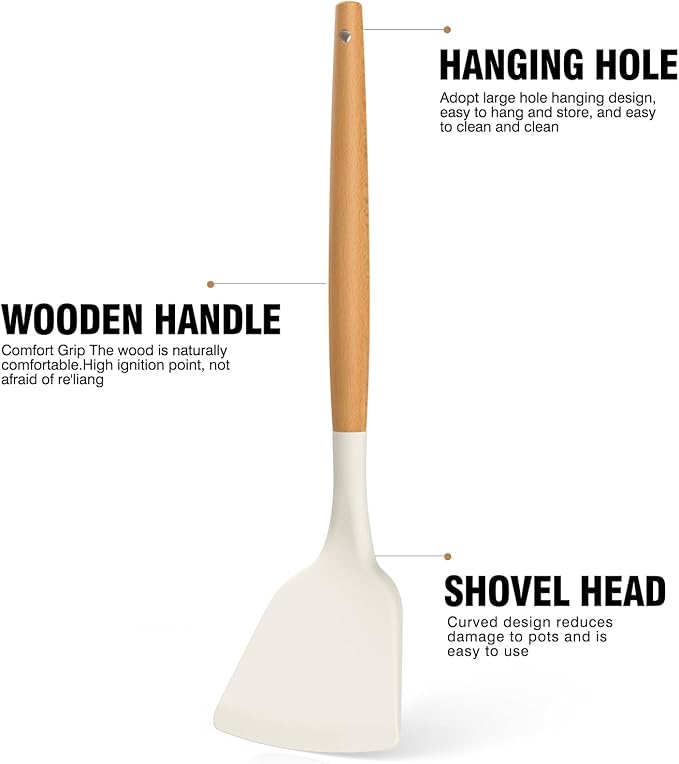Silicone Cooking Utensils Set - Silicone Kitchen Utensils for Cooking Wooden Handles, 446°F Heat Resistant Kitchen Utensil Spatula Sets w Holder, Gadgets for Non-Stick Cookware BPA FREE (Cream White)-Ruum Studio Home
