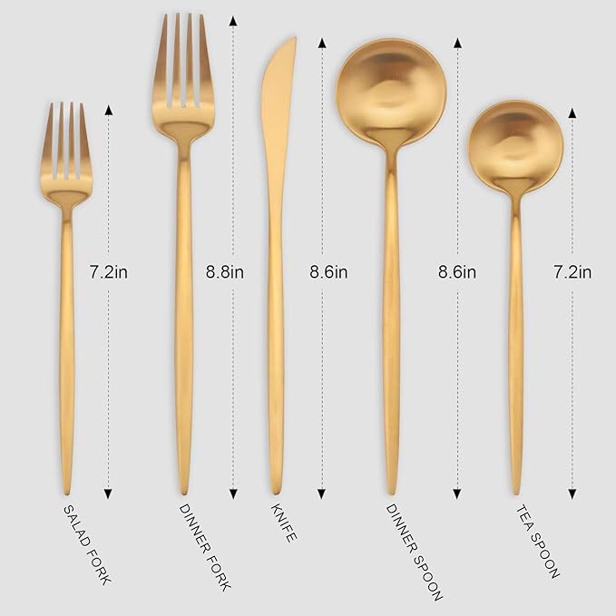 Matte Gold Silverware Set, Vanys 20 Piece Stainless Steel Cutlery Flatware Set, Kitchen Utensil Sets for 4, Tableware With Knife Spoons And Forks Set, Satin Finished Polished-Ruum Studio Home