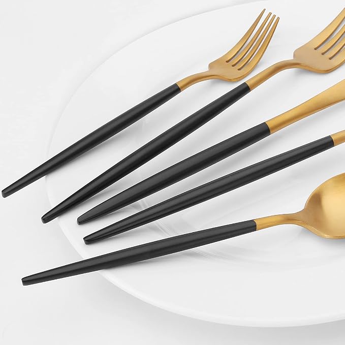 Matte Gold Silverware Set with black handle, Vanys 20 Piece Stainless Steel Cutlery Flatware Set, Kitchen Utensil Sets for 4, Tableware With Knife Spoons And Forks Set, Satin Finished Polished-Ruum Studio Home