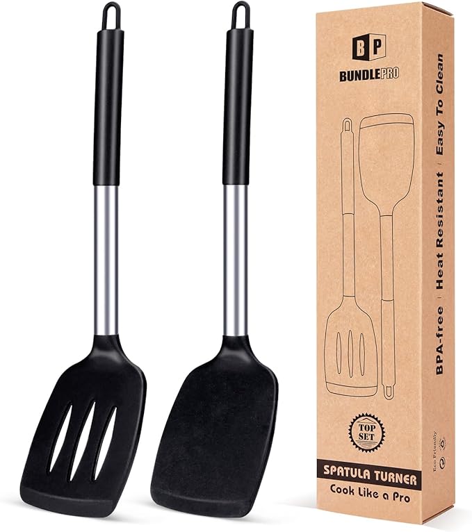 Pack of 2 Silicone Solid Turner, Non Stick Slotted Kitchen Spatulas, High Heat Resistant BPA Free Cooking Utensils, Ideal Cookware for Fish, Eggs, Pancakes(Black)-Ruum Studio Home