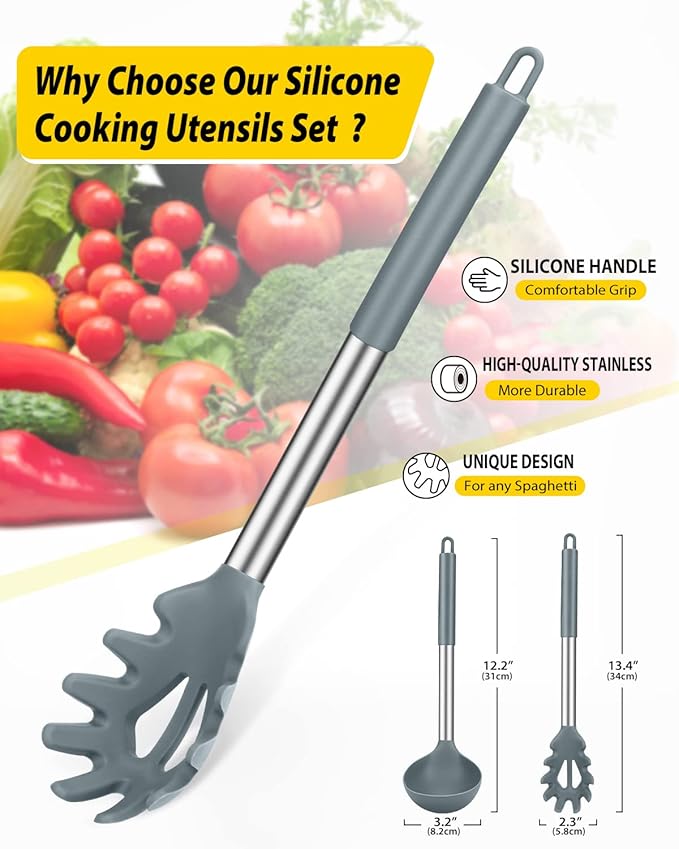 Silicone Pasta Fork and Ladle Spoon Set, Large Non Stick Kitchen Utensils for Cooking,Stirring,Serving Spaghetti, Soup, Sauce (GRAY)-Ruum Studio Home
