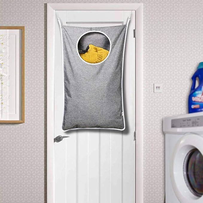 KEEPJOY Hanging Laundry Hamper Bag with Free Adjustable Stainless Steel Door 2 PCs Suction Cup Hooks, Best Choice for Holding Dirty Clothes and Saving Space, Grey-Ruum Studio Home
