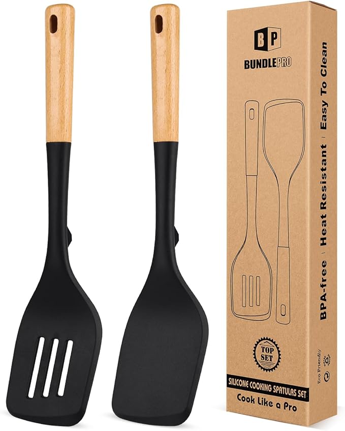 Pack of 2 Large Silicone Spatula, Heat Resistant Solid Turner, Non Stick Slotted Spatulas with Wooden Handle, Ideal Kitchen Utensils for Flipping, Pancakes, Eggs, Fish(BLACK)-Ruum Studio Home