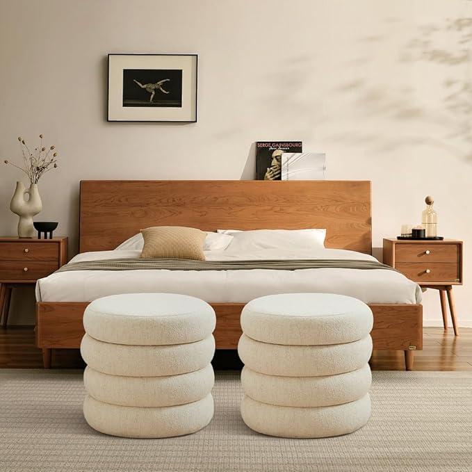 ONEVOG Round Storage Ottoman, 20" Small Ottomans Table with Removable Lid, Linen Fabric Soft Footrest Stools for Couch, Upholstered Stuffed Circle Seat for Living Room/Bedroom/Dorm/Vanity, Beige-Ruum Studio Home