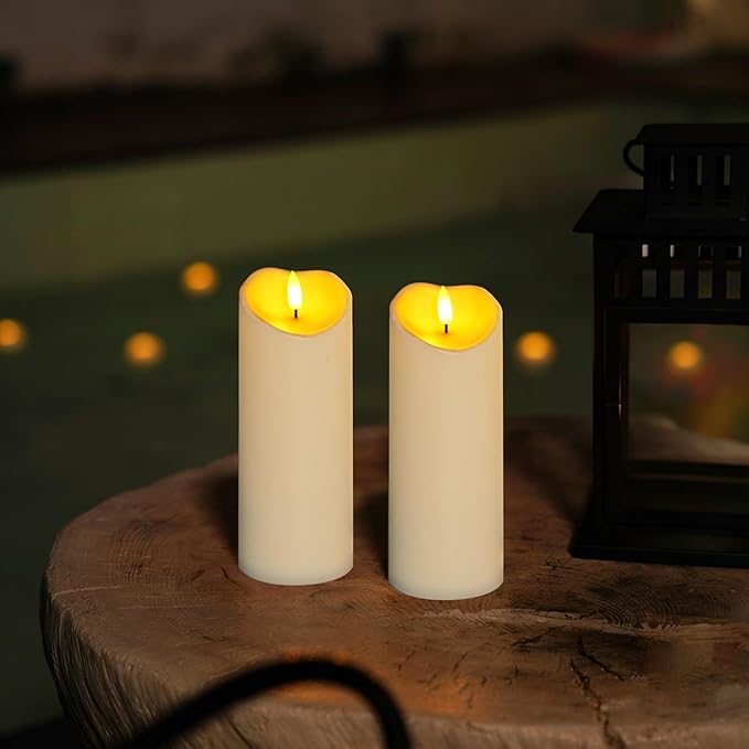 Homemory Outdoor Waterproof LED Candles, Battery Operated with Remote and Timers, Electric Fake Plastic Pillar Candles, Ivory White, Set of 2