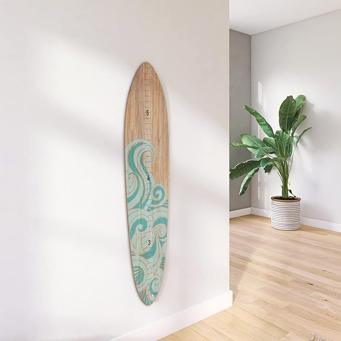 Wooden Surfboard Wall Decor Growth Chart - Surf Board Decor for Kids Room, Wooden Growth Chart for Wall, Surfboard Wall Art, Surfboards for Decoration - Teal Wave (9.5"x 45")-Ruum Studio Home
