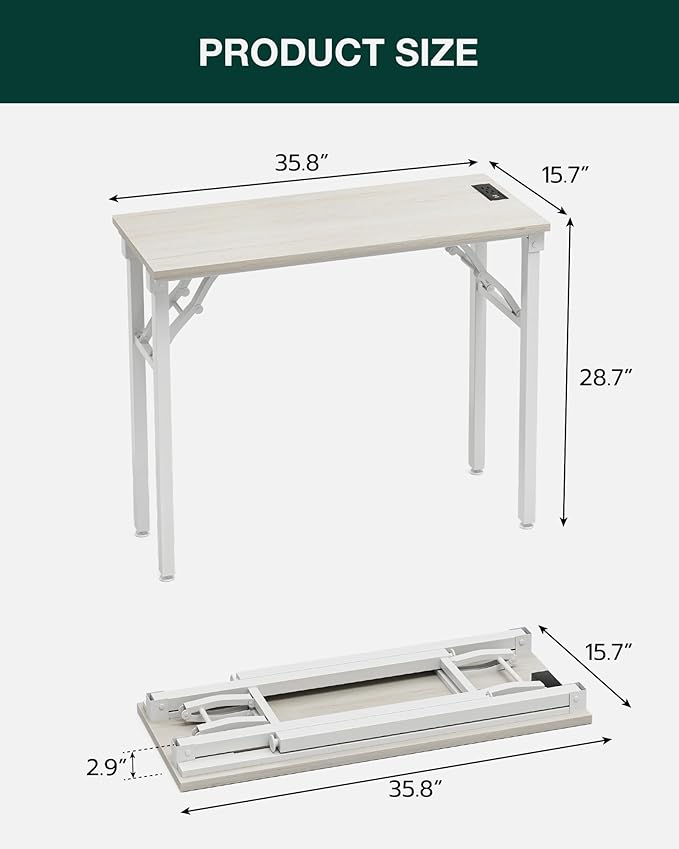 Frylr Small Folding Computer Desk β 35.8 Inch Portable Table for Craft and Study, Lightweight Desk for Small Spaces, Foldable Laptop Table Built-in AC/USB Outlets for Convenience, White Ash