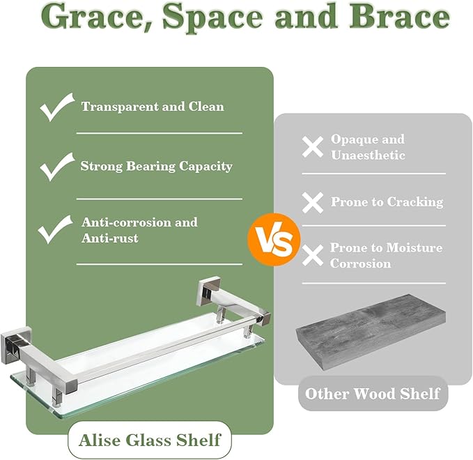 Alise Bathroom Shelves, Polished Chrome Glass Shelf for Bathroom, Modern Floating Shelves, 20 inch-Ruum Studio Home