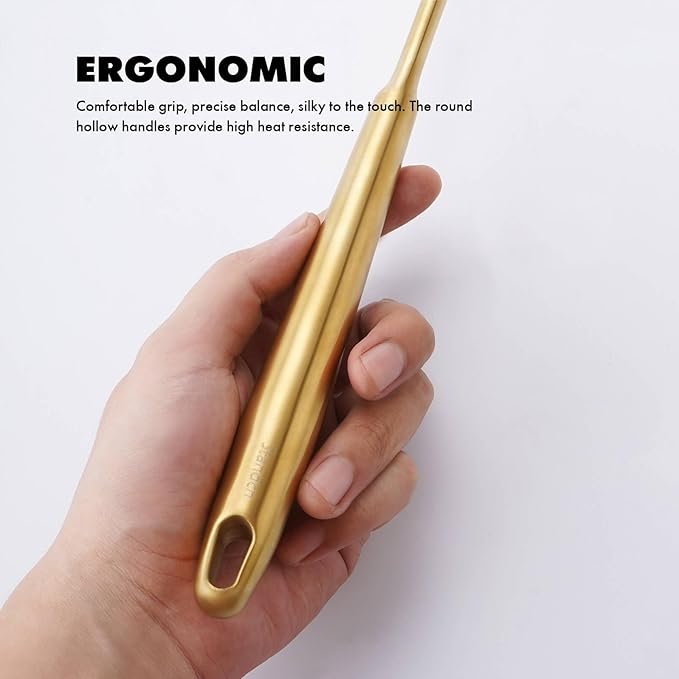 Gold Kitchen Utensils Set, 12 PCS Brass Matte Serving Utensils, 18/10 Stainless Steel All Metal Cooking Tools - Potato Masher, Tongs, Meat Fork, Spatula, Turner, Ladle, Skimmer, Spaghetti Spoon Set-Ruum Studio Home
