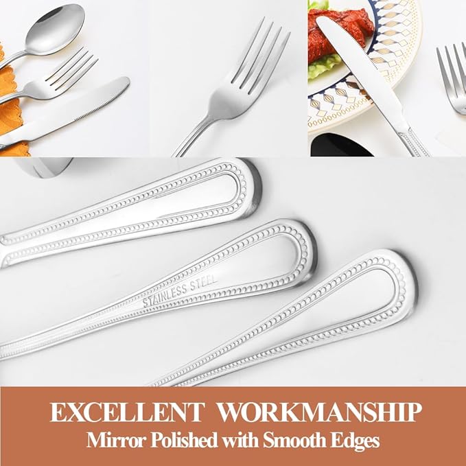 40 Pcs Silverware Set for 8 with Pearled Edge Handle design, Food Grade Stainless Steel Flatware Set, Eating Utensils Sets Include Fork/Knife/Spoon, Reusable Cutlery Set, Dishwasher Safe-Ruum Studio Home