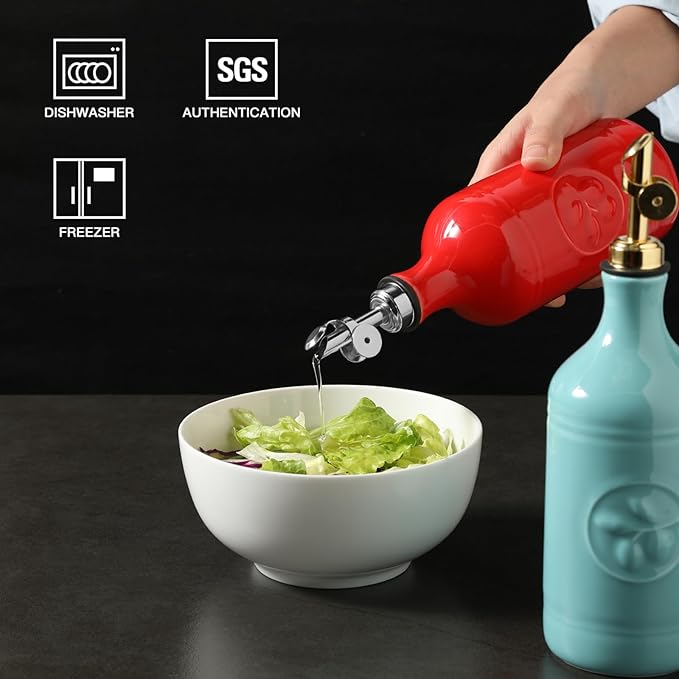 Sweejar 16 Oz Ceramic Olive Oil Dispenser Bottle, Oil Dispenser for Kitchen with Gravity Spout, Relief Opaque Vinegar Container for Evoo, Soy Sauce, 1 Pack(Red, Gold Spout)-Ruum Studio Home