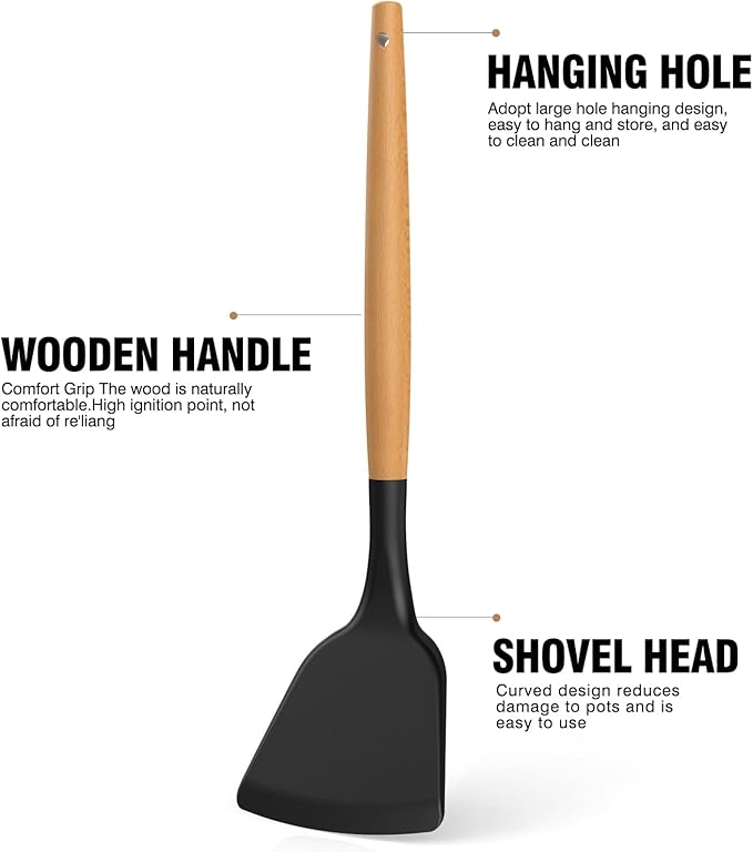 Silicone Cooking Utensils Set - Silicone Kitchen Utensils for Cooking Wooden Handles, 446°F Heat Resistant Kitchen Utensil Spatula Sets w Holder, Gadgets for Non-Stick Cookware BPA FREE (Black)-Ruum Studio Home