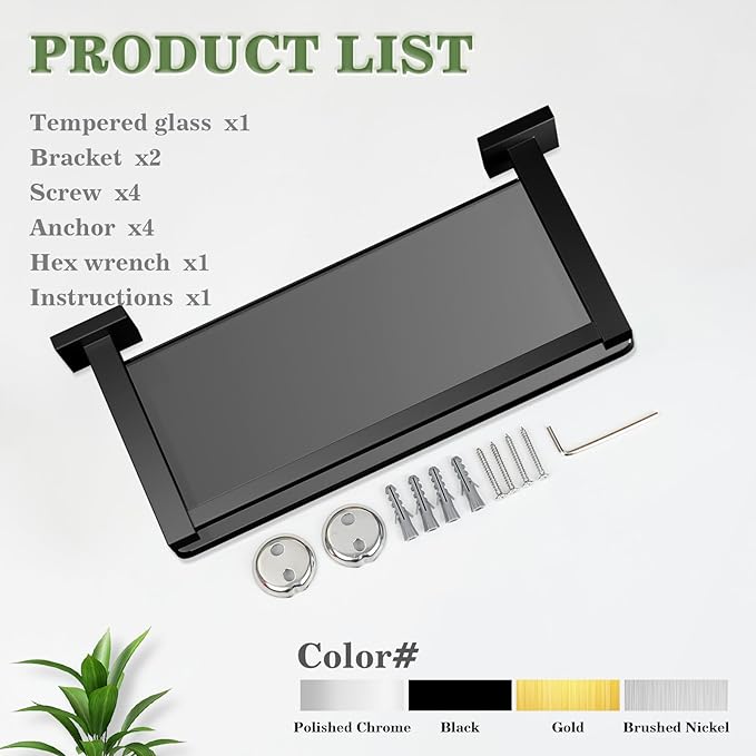 Alise Glass Shelves for Bathroom Wall, Tempered Glass Bathroom Shelf Wall Mounted, Modern Space Saving Floating Shelves 12 inch, Matte Black-Ruum Studio Home