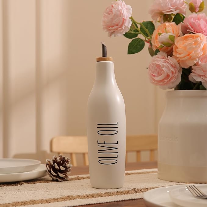 HOMCDALY Ceramic Olive Oil Dispenser for Kitchen, Stoneware 16oz Oil Cruet and Vinegar Bottles Dispenser, Kitchen Dispenser Bottle for EVOO Vinegar Syrups, Modern Farmhouse Design(W-O)-Ruum Studio Home
