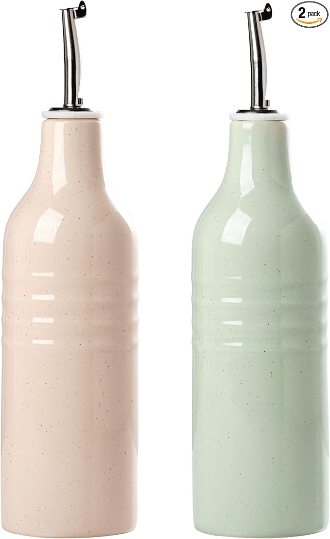 famiware Jupiter 16oz Ceramic Olive Oil Dispenser Bottle, Olive Oil and Vinegar Dispenser Bottle Set of 2 with Stainless Steel Pourers, Suitable for Storage Vinegar, Liquids, Light Pink & Light Green-Ruum Studio Home