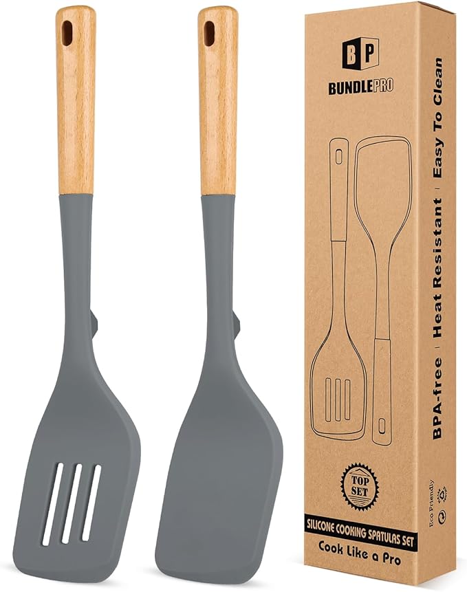 Pack of 2 Large Silicone Spatula, Heat Resistant Solid Turner, Non Stick Slotted Spatulas with Wooden Handle, Ideal Kitchen Utensils for Flipping, Pancakes, Eggs, Fish(GRAY)-Ruum Studio Home