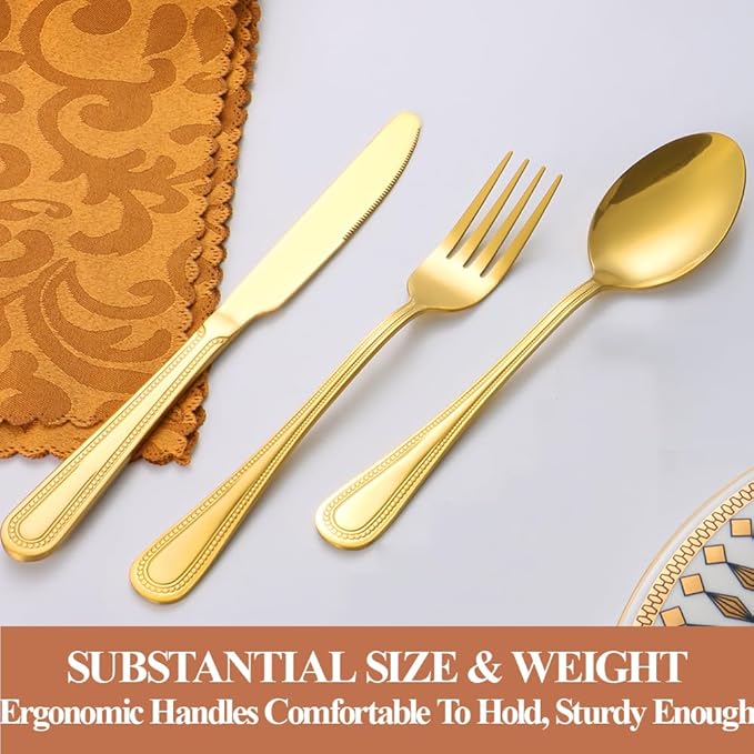 40 Pcs Gold Silverware Set for 8 with Pearled Edge Handle design, Food Grade Stainless Steel Flatware Set, Eating Utensils Sets Include Fork/Knife/Spoon, Reusable Cutlery Set, Dishwasher Safe-Ruum Studio Home