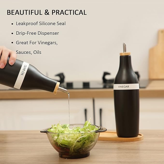 HOMCDALY Olive Oil and Vinegar Dispenser Set, Two 16oz Ceramic Oil Dispenser for Kitchen, Kitchen Dispenser Bottle for EVOO Vinegar Syrups, Modern Farmhouse Design| Set of 2 – Black-Ruum Studio Home