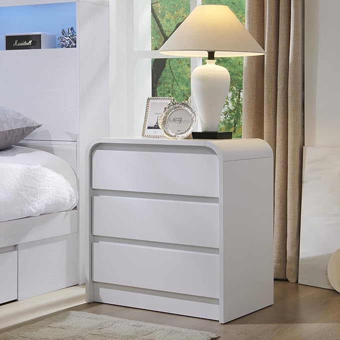25" Tall Modern Nightstand with Charging Station, 23.6'' Wide Wood Bedside Table w/3 Storage Drawers, Small Dresser w/Curved Profile Design, End Table for Bedroom, White-Ruum Studio Home
