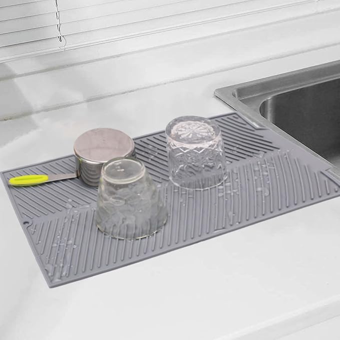 Silicone Dish Drying Mat for Kitchen Counter, 15''x 10'' Drying Mat with Drain Lip, Non-Slip Dish Drainer Mats with Built-in Drain, Heat Resistant Drain Pad on Countertop, Gray-Ruum Studio Home