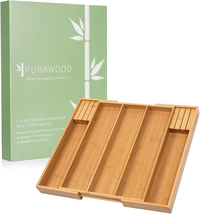 Purawood Kitchen Drawer Organizer with Knife Blocks - Utensil Drawer Organizer for Kitchen, Cutlery Tray & Silverware Organizer, 3-5 Slots - Bamboo Organizer for Utensils & Flatware (Natural)-Ruum Studio Home