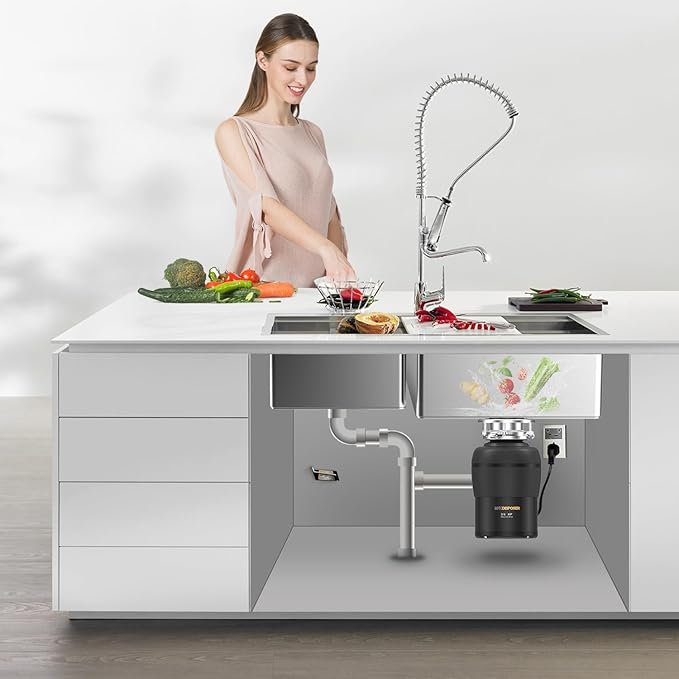 Garbage Disposal 3/4 HP for Kitchen sink Quiet with Stopper Power Cord, Easy install, Continuous Feed Food Waste Disposer Stainless Steel Grind 0.75 Horsepower AC Motor Unit (MAX-4)-Ruum Studio Home