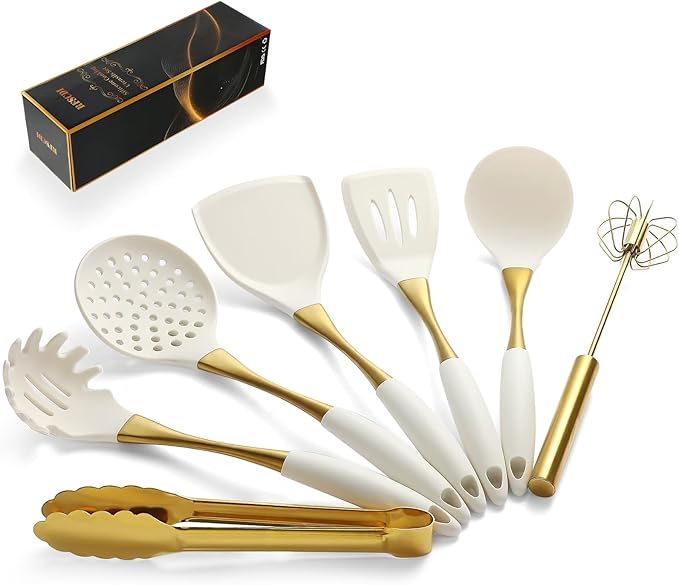 Elegant White Gold Silicone Cooking Utensils Set - Non-Toxic, Dishwasher Safe Kitchen Utensils Set with Heat Resistant Comfort Handles - Includes Spatula & Spoon for Nonstick Cookware-Ruum Studio Home
