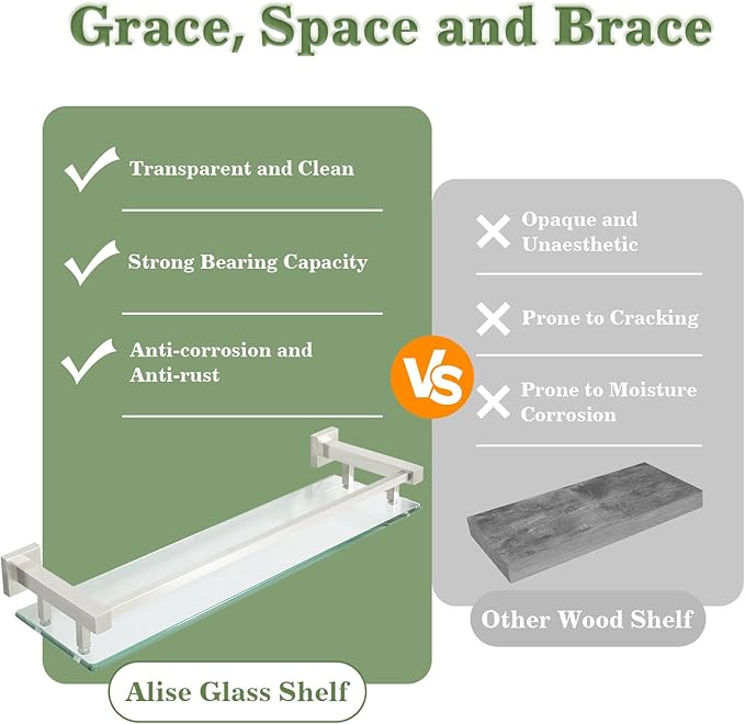 Alise Bathroom Shelves,Brushed Nickel Glass Shelf for Bathroom, Modern Floating Shelves,20 inch-Ruum Studio Home